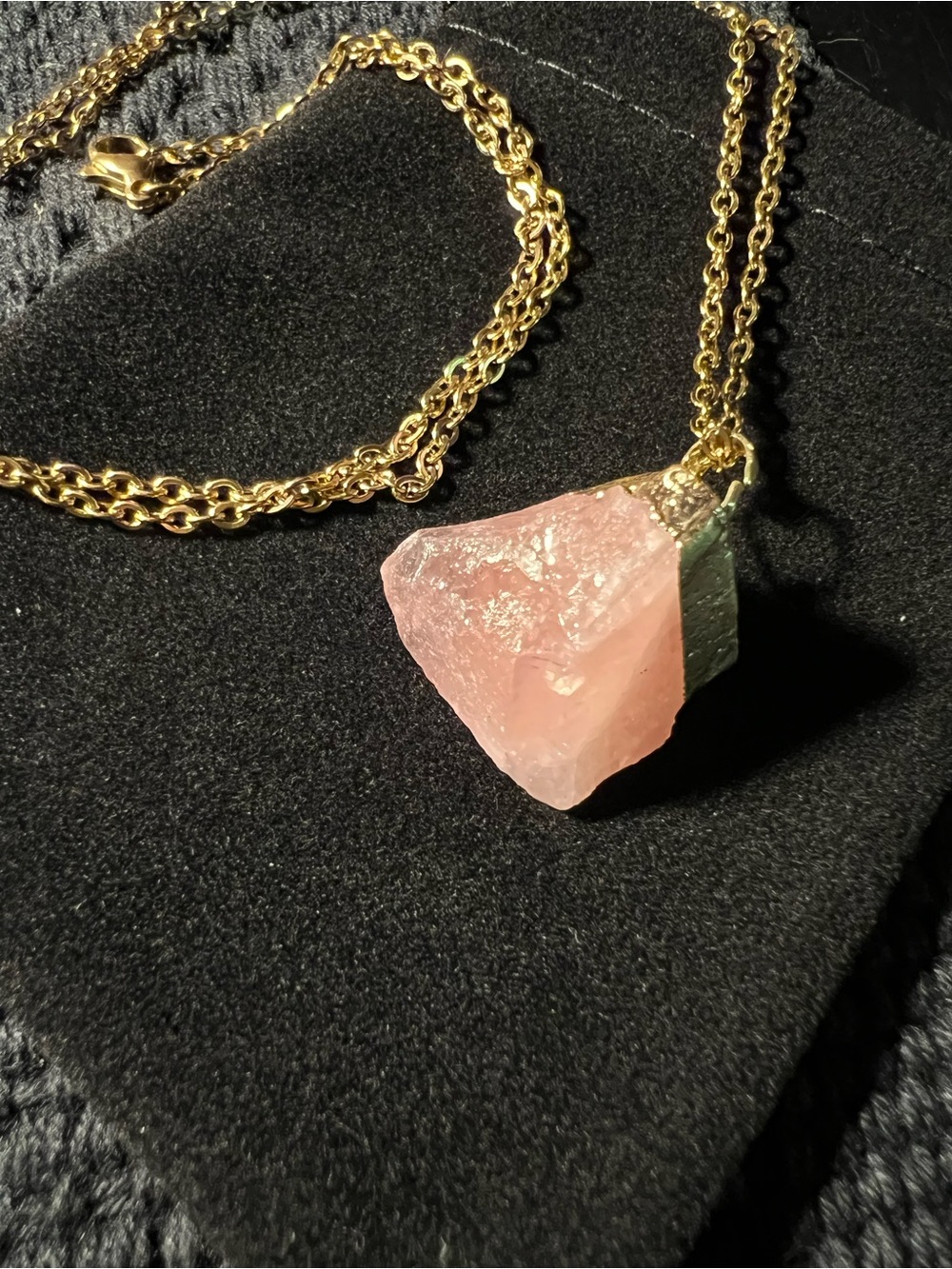 Raw Rose Quartz Gold-Dipped Crystal Pendant Necklace - Picture 3 of 5